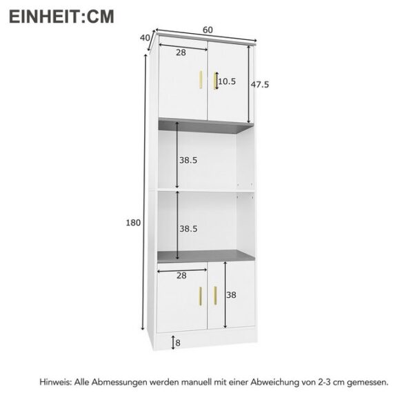 IDEASY Vitrine Bücherregale,Freistehende Vitrine 60x40x180 cm weiß (4 Türen mit offenem Fach in der Mitte mit leise schließenden) Scharnieren - Küchen-Highboards, Wohnzimmerständer, Vitrinen