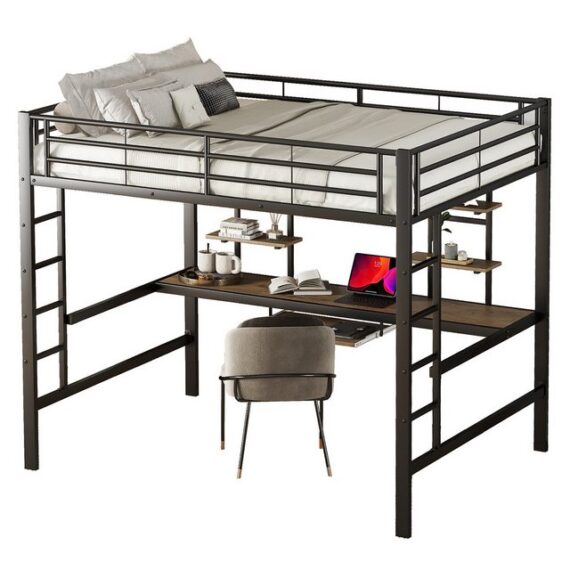 BBWL Hochbett Hochbett Metallbett mit Schreibtisch und zwei Bücherregalen,140x200cm