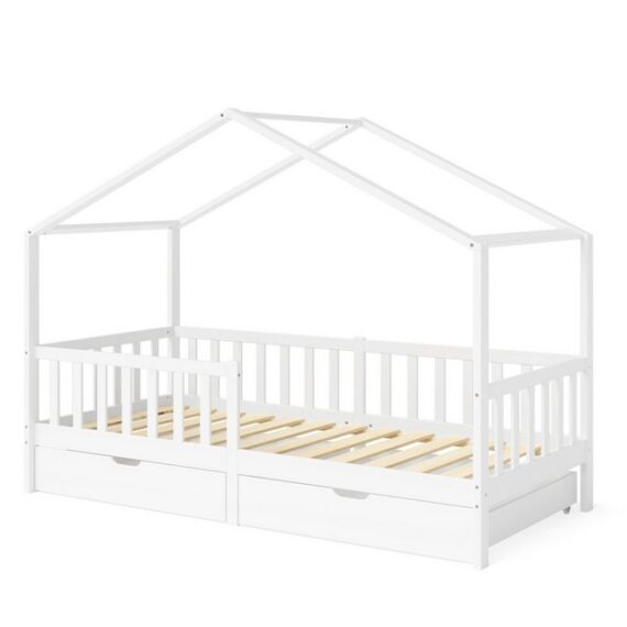 Bellabino Hausbett Bia (weiß, 90x200 cm, Bodenbett mit 2 Schubladen, Rolllattenrost und Rausfallschutz), bodentiefes Kinderbett in verschiedenen Ausführungen