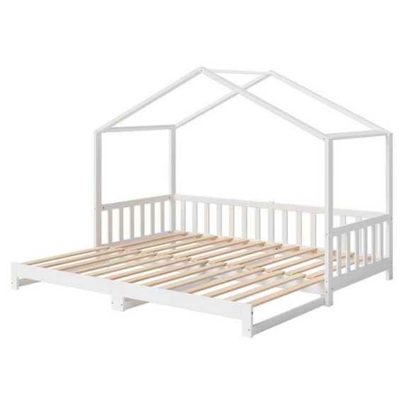 Bellabino Hausbett Bia (weiß lackiert, 90x200 cm / 180x200 cm, Bodenbett mit Rolllattenrost und Rausfallschutz), bodentiefes Kinderbett in verschiedenen Ausführungen