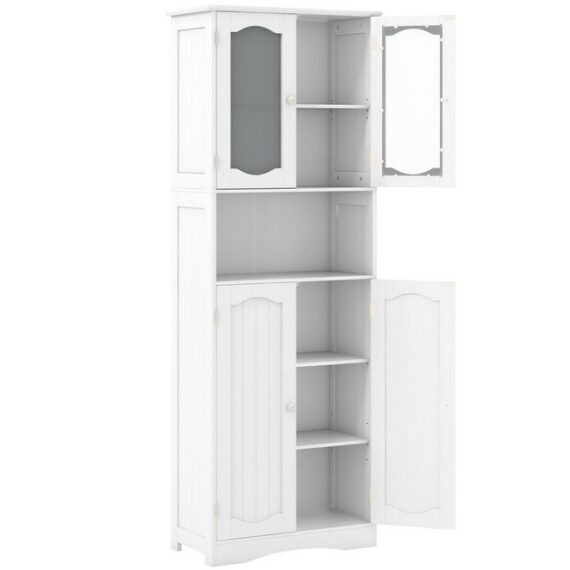 COSTWAY Hochschrank Küche, Badezimmerschrank, mit 4 Türen & Fach, Weiß