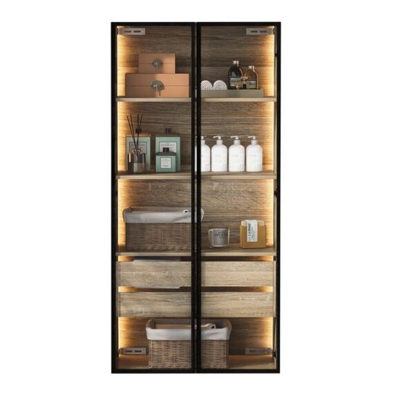 DOPWii Badezimmerspiegelschrank Badezimmerschrank, mittel, mit Lichtleiste, 73 cm breit,Glastür (1-St) mit 2 großen Schubladen und 2 Türen,Vitrine,Wandschrank,Glasschrank