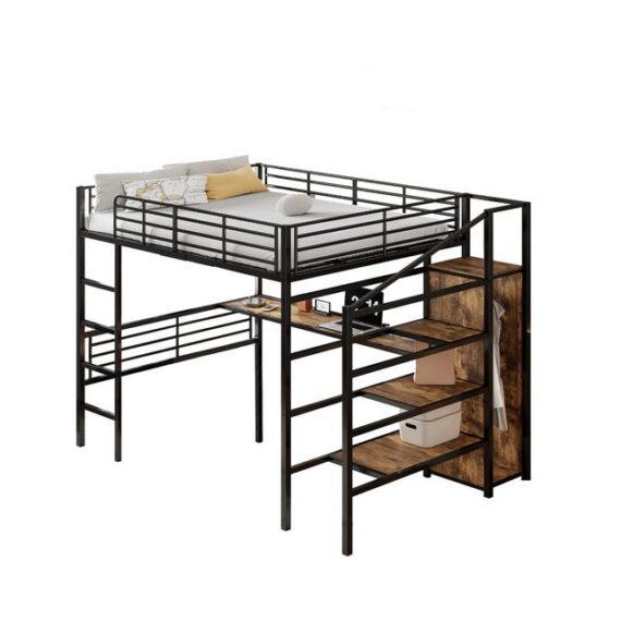 Flieks Hochbett Kinderbett Metallbett 90x200cm mit Schreibtisch und Kleiderschrank