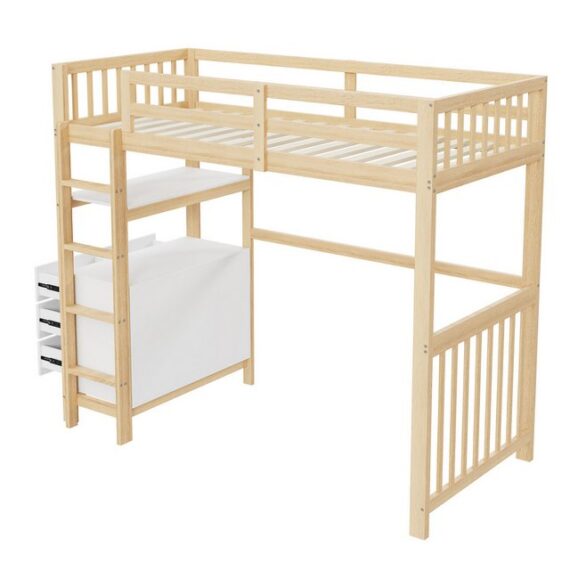 HAUSS SPLOE Kinderbett 90x200cm, vertikale Sicherheitsleiter, Schubladen und Regale, Natur (vertikale Sicherheitsleiter, Schubladen und Regale, hohes Zaundesign, Lattenrost, Bett aus Kiefernholz, Einzelbett aus Holz, 90x200 cm), ohne Matratze