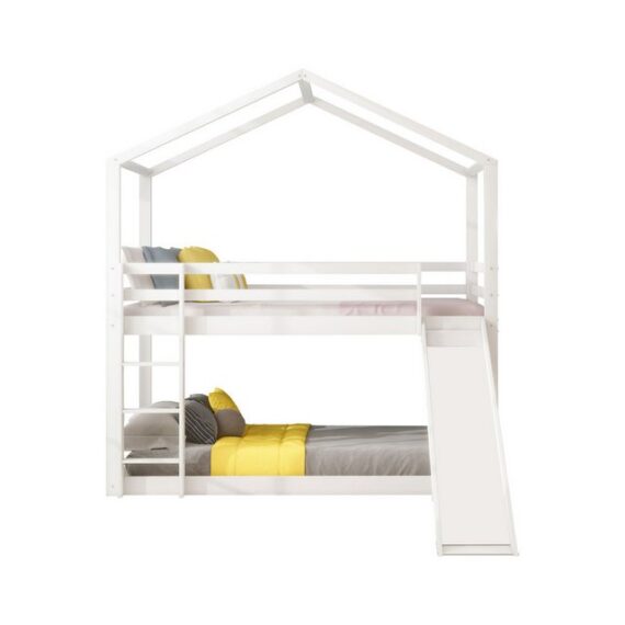 HAUSS SPLOE Kinderbett Hausbett Kinderbett Einzelbett Bettrahmen Bodenbett (mit Treppe & Schubladen, bodentief, Hausbett für Mädchen und Jungen), Sicheres und durchdachtes Design Stabile Kiefernstruktur