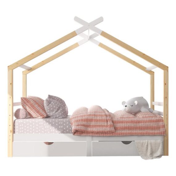 HAUSS SPLOE Kinderbett Kinderbett Holzhaus Bett Bodenbett Bettgestell Einzelbett (Haus Bett 90x200cm, mit 2 Schubladen ohne Matratze aus Massivholz)