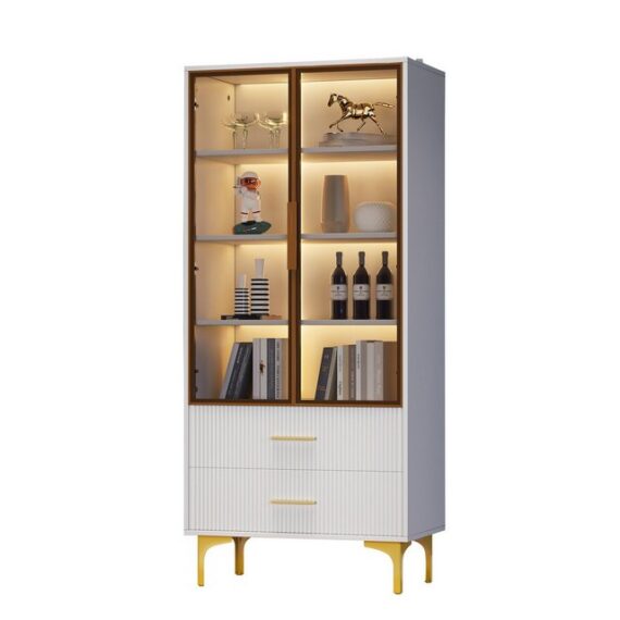 HAUSS SPLOE Vitrine 70x35x150cm mit LED-Licht, zwei Glastüren, goldene Beine,Glasvitrine (2 Türen,2 Schubladen) modernes Design