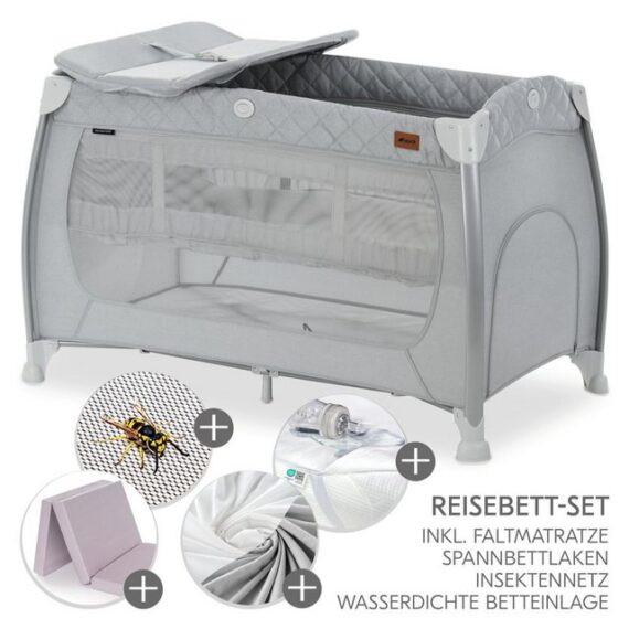 Hauck Baby-Reisebett XXL-Sparset - Play N Relax Center - Quilted Grey, mit Matratze, Insektenschutz, Wickelauflage höhenverstellbar & faltbar