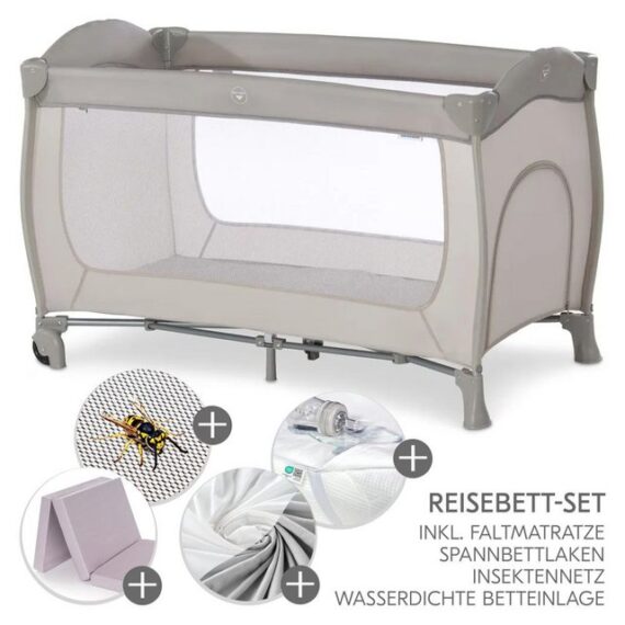 Hauck Baby-Reisebett XXL-Sparset - Sleep N Play Go Plus - Beige, Kinder Reisebett mit Matratze, Spannbettlaken & Insektenschutz faltbar