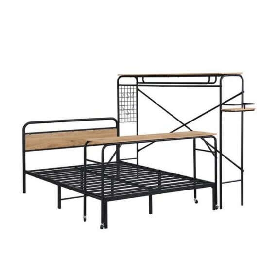 IDEASY Metallbett Flachbetten + Tisch + Vertikaler Garderobenständer, Tisch mit Rädern, (Kompletter Satz Schlafzimmermöbel, Heranwachsende und Erwachsene), Metallrahmen, Metall+MDF, Schwarz + Natur, 140x200