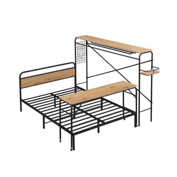 IDEASY Metallbett Metall+MDF, Schwarz + Natur, 140x200, (Mobiler langer Tisch mit Universalrädern), Flachbetten + Tisch + Vertikaler Garderobenständer