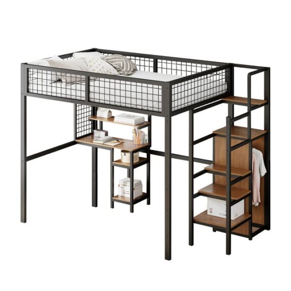 KoDise Metallbett mit Sicherheitsleiter, Kleiderschrank und Tisch Schwarz 140x200 cm (mit Sicherheitsleiter, Kinderbett mit Eisenrahmen Kleiderschrank und Computertisch, 140 x200 cm), ohne Matratze, Kein Stuhl