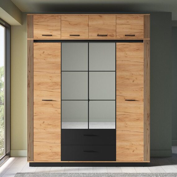 Lomadox Kleiderschrank URBANIA-131 Garderobenschrank 200 cm breit Wardrobe modern in Eiche mit schwarz