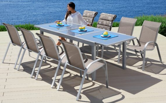 MERXX Garten-Essgruppe "Amalfi", (9 tlg., 8x Stapelsessel, 1x Tisch 100x180-240 cm, Alu/Textil), pulverbeschichtetes Aluminium, aus 100% Polyester, für 8 Personen