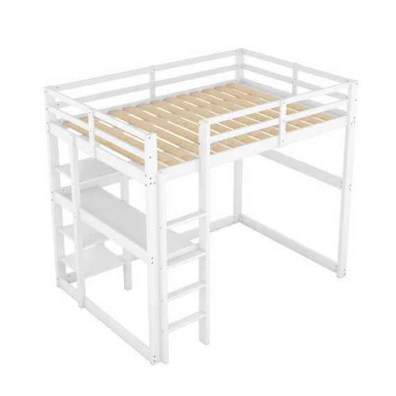 MODFU Bett Hochbett, Einzelbett Betten für Zuhause, Gästebett (mit 4 Ablagefächern und einer Schreibtischplatte, mit Stauraum, komplett aus Kiefer), Ohne Matratze