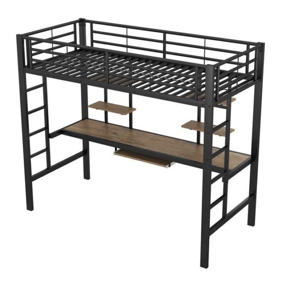 MODFU Bett Kinderbett Metallbett Eisenbett (mit Schreibtisch und zwei Bücherregalen, 90x200cm), Ohne Matratze