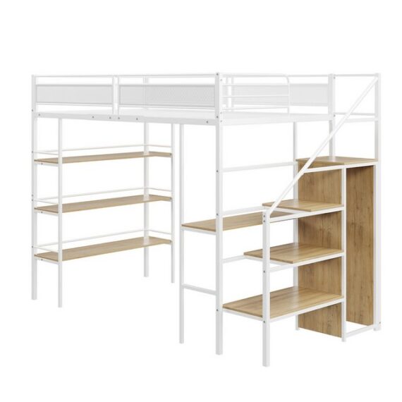 MODFU Kinderbett Eisenbett Einzelbett Hochbett Metallbett Stauraumbett Jugendbett (dreilagiges Ablageregal, Schreibtisch, Kleiderschrank, Sicherheitsstufen mit Ablagefach, hohes Zaundesign, 90x200 cm), ohne Matratze