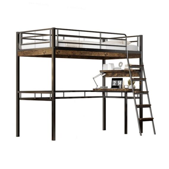 MODFU Kinderbett Funktionsbett Einzelbett Jugendbett Hochbett Eisenbett Metallbett (mit Schreibtisch und Regalen - Sicherheitsgeländer und Leiter, ideal für Kinder und Jugendliche, 90x200 cm), Ohne Matratze