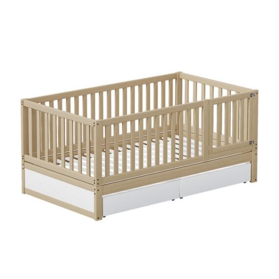 MODFU Kinderbett Funktionsbett Stauraumbett Doppelbett Einzelbett Jugendbett Holzbett (aus Kiefernholz mit Zaun & Tür - vielseitiges Kinderbett für kreativen Spielraum, sichere Schlafumgebung und modernes Design, ideal für Kinderzimmer und Spielbereiche, 140x200 cm), Ohne Matratze