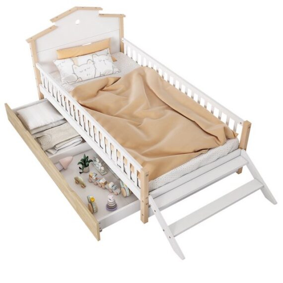 MODFU Kinderbett Stauraumbett Einzelbett Jugendbett Gästebett (Mit Fallschutz und Gitter, Mit Seitenleiter, Einzigartiges Dachdesign, Heranwachsende und Erwachsene, Flachbetten, Holzbetten, Rahmen aus Kiefer, 90x200 cm), ohne Matratze