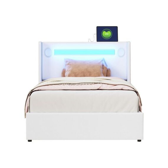 MODFU Polsterbett Kinderbett mit LED-Lichtleiste, Bluetooth-Player und USB-Aufladung (Kunstleder-Aufbewahrungsbett, Hochbettkasten, Jugendbett mit Lattenrost, 90x200cm), ohne Matratze