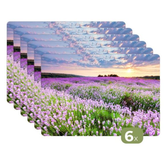 MuchoWow Platzset Blumen - Lavendel - Lila - Himmel - Sonnenuntergang - Wiese - Natur, (6-St), Platzsets, Tischset, Abwaschbar, Tischsets, Platzdeckchen