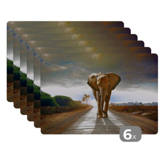 MuchoWow Platzset Elefant - Straße - Tiere - Sonnenuntergang - Landschaft, (6-St), Platzset, Platzdecken, Platzmatte, Tischmatten, Schmutzabweisend