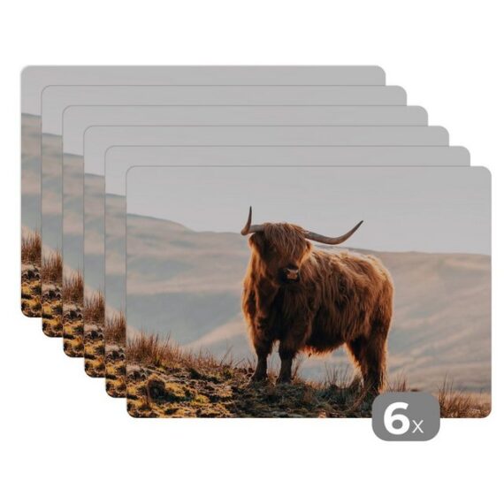 MuchoWow Platzset Schottische Highlander - Tiere - Ländlich - Landschaft - Kuh - Natur, (6-St), Platzset, Platzdecken, Platzmatte, Tischmatten, Schmutzabweisend