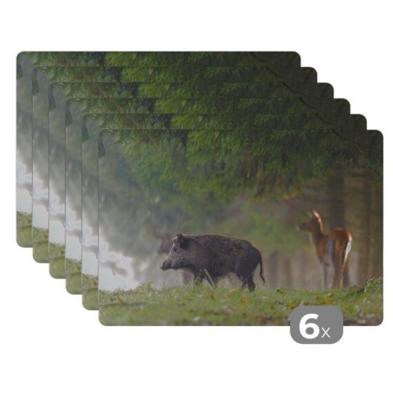 MuchoWow Platzset Schwein - Hirsch - Wald, (6-St), Platzset, Platzdecken, Platzmatte, Tischmatten, Schmutzabweisend