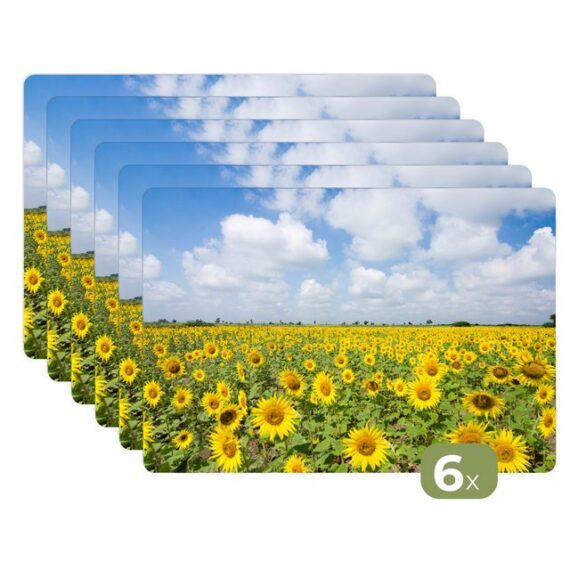 MuchoWow Platzset Sonnenblumen - Blumen - Wolken - Natur - Gelb - Landschaft, (6-St), Platzsets, Tischset, Abwaschbar, Tischsets, Platzdeckchen