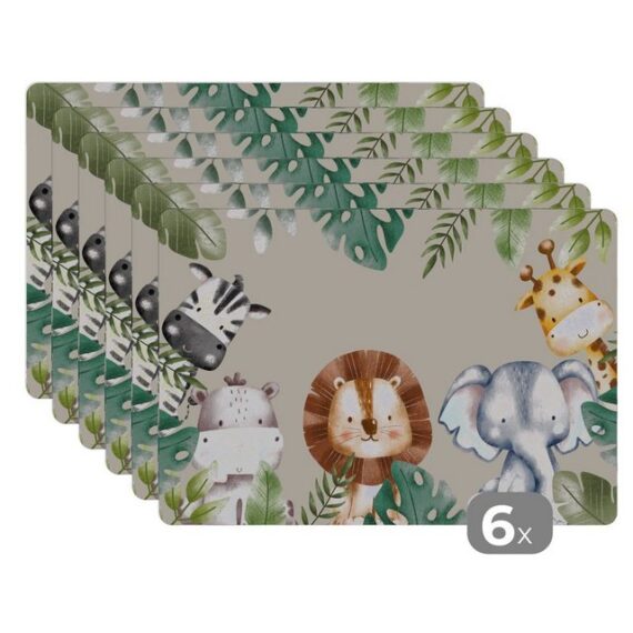 MuchoWow Platzset Tiere - Kinder - Blätter - Aquarell, (6-St), Platzset, Platzdecken, Platzmatte, Tischmatten, Schmutzabweisend