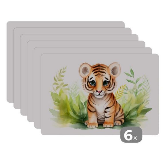 MuchoWow Platzset Tiger - Pflanzen - Kind - Aquarell - Wildtiere, (6-St), Platzset, Platzdecken, Platzmatte, Tischmatten, Schmutzabweisend