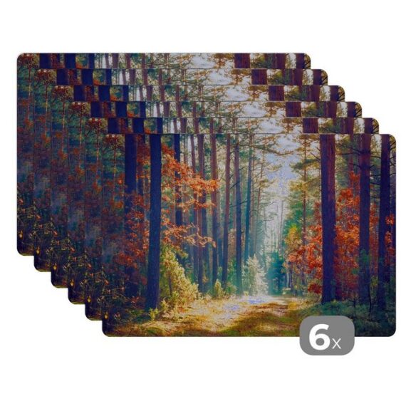 MuchoWow Platzset Wald - Sonne - Natur - Herbst, (6-St), Platzset, Platzdecken, Platzmatte, Tischmatten, Schmutzabweisend