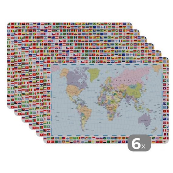 MuchoWow Platzset Weltkarte - Flagge - Atlas, (6-St), Platzset, Platzdecken, Platzmatte, Tischmatten, Schmutzabweisend