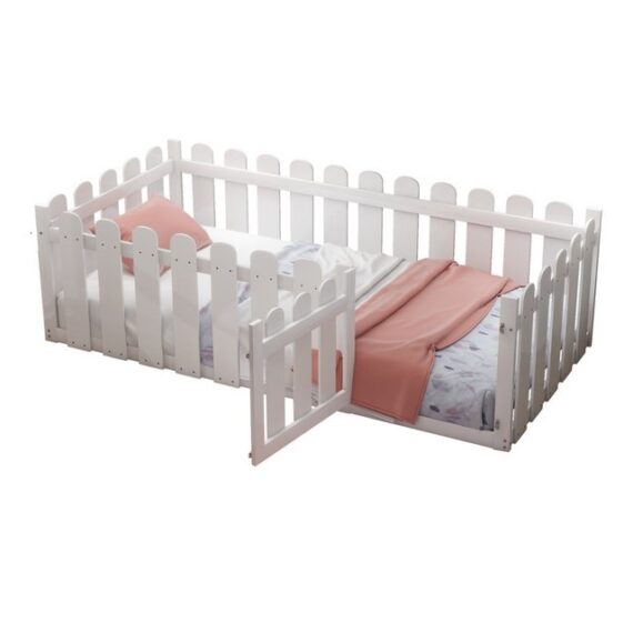 OKWISH Kinderbett Doppelbett Funktionsbett Jugendbett Holzbett Gästebett Einzelbett (Bodenbett mit Umrandung und Tür, robustes Kiefernholz, vielseitig als Spielplatz und Leseecke nutzbar, sicher und langlebig, 90x200cm), ohne Matratze