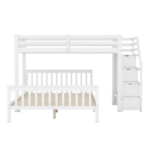 OKWISH Kinderbett Holzbett Hochbett (Aufbewahrungsleiter, EN747 zertifiziert, 90x200cm/140x200cm), ohne Matratze