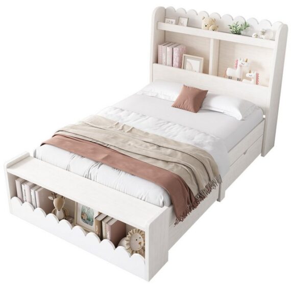 OKWISH Kinderbett Holzbett mit Stauraum (Einzelbett, Stauraumbett, 1-tlg., 90x190 cm, Ohne Matratze), mit Schubladen, Regal und Sitzbank