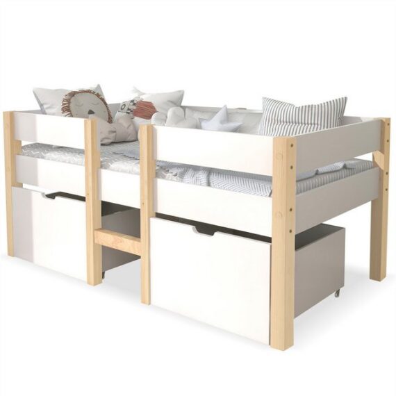 OKWISH Kinderbett Massives Kiefernholzbett Hochbett (Kinderbett mit Rausfallschutz, mit Schublade und Rausfallschutz), Kiefer-Vollholz-90x190 cm-Weiß & Eiche