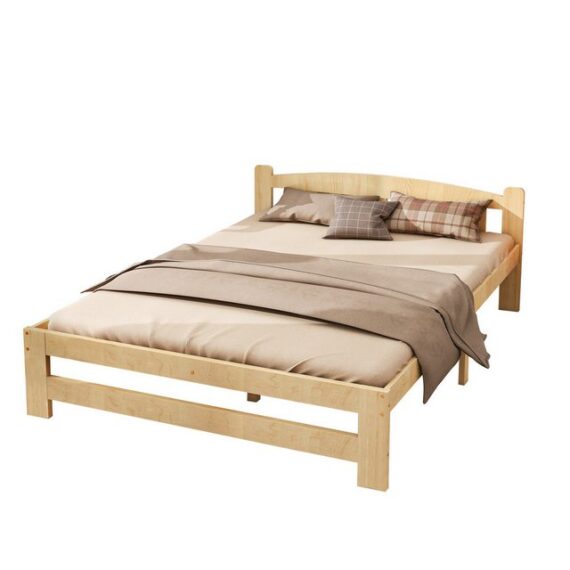 OKWISH Massivholzbett Futonbett, Doppelbett Kinderbett Funktionsbett (mit Kopfteil und Lattenroste, Jugendbett, Erwachsenenbet, Massivholz Natur Bett 140x200 cm), ohne Matratze