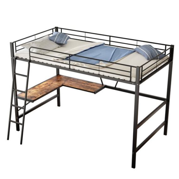 OKWISH Metallbett Kinderbett Hochbett Eisenbett (mit L-förmigem Schreibtisch und einem Regal, für Kinder, Jugendliche und Erwachsene 90x200cm), ohne Matratze