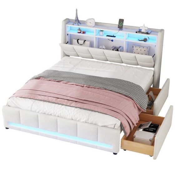 OKWISH Polsterbett Stauraumbett Kinderbett Gästebett Funktionsbett Doppelbett Jugendbett (mit USB-Ladeanschluss, LED-Ambientebeleuchtung & Schubladen - Ideal für Schlafzimmer und Jugendzimmer, 140x200 cm), Ohne Matratze