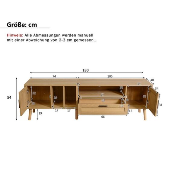 Odikalo TV-Schrank Sideboard Rattan 2 Türen Schublade Massivholz 80-Zoll-Fernseher natur