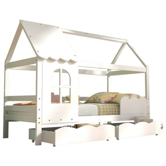 REDOM Hausbett Kinderbett, Hausbett mit 2 Schubladen Kiefernholz Jugendbett 90x200cm