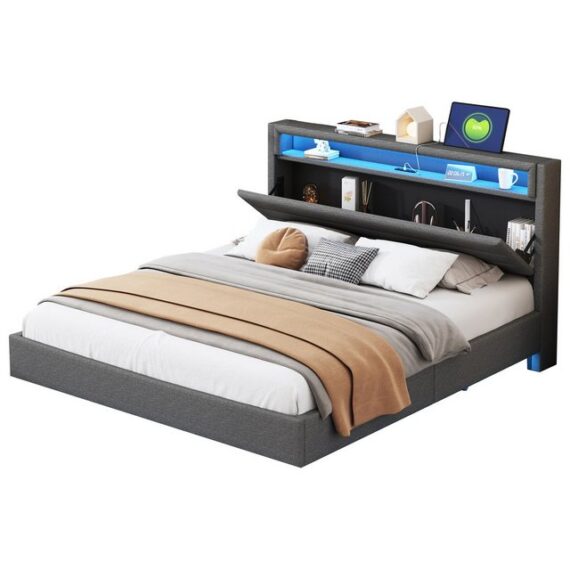 REDOM Polsterbett Doppelbett Kinderbett Stauraumbett Jugendbett Funktionsbett Gästebett (mit USB-Steckdose und LED-Licht, Wendbares Kopfteil, Verdecktes Fußteil, Jugendbett, Erwachsenenbett, 140 x 200cm), Ohne Matratze