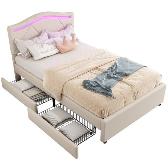 REDOM Polsterbett Modernes Einzelbett Jugendbett Kinderbett Gästebett Stauraumbett (Leinen mit Praktischen Schubladen und Verstellbarem Kopfteil, Inklusive Ferngesteuerter Beleuchtung, 90x200 cm), ohne Matratze