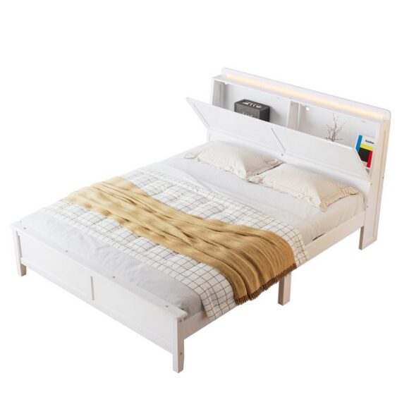 REDOM Stauraumbett Gästebett Kinderbett Doppelbett Holzbett (mit integriertem Regal und Klapptür, ausgestattet mit warmgelbem LED-Lichtstreifen - Kiefer+MDF, Flachbett für 140x200cm Matratzen), ohne Matratze