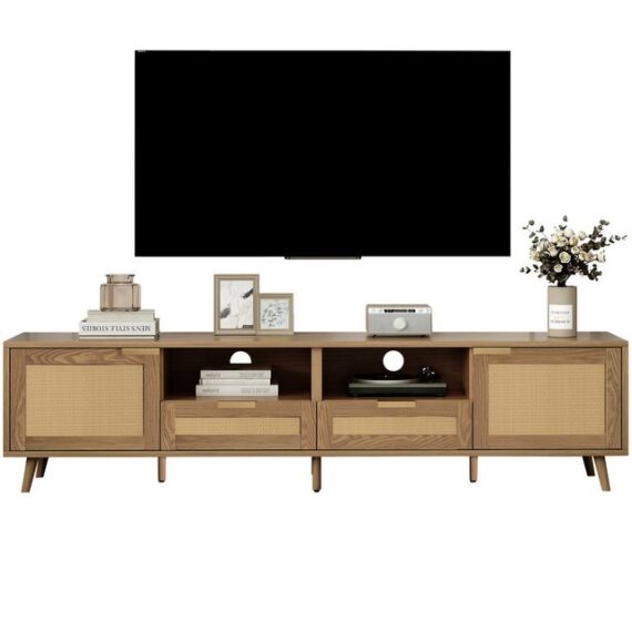 REDOM TV-Schrank Holz-TV-Schrank, TV-Ständer, lowboard TV (TV-Konsolentisch,200*37*49cm) mit massiven Holzfüßen, Geflochtener Rattan-TV-Boards