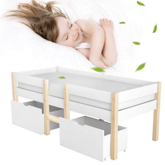 Refined Living Kinderbett Massives Kiefernholzbett Hochbett Bett Weißes Hochbett (mit Schublade Kinderbett massiv Kiefernholz Bett Rausfallschutz Bett Bett für Kinderzimmer, 1-tlg., mit Schublade und Rausfallschutz, Hochbett mit Stauraum 90x200 cm), Kiefer-Vollholz, Robuste Konstruktion, Praktischer Stauraum