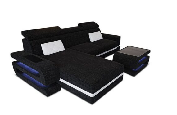 Sofa Dreams Ecksofa Stoff Couch Stoffsofa Bologna L Form Polstersofa, Webstoff Strukturstoff, mit LED, Ottomane, ausziehbare Bettfuntion, Designersofa