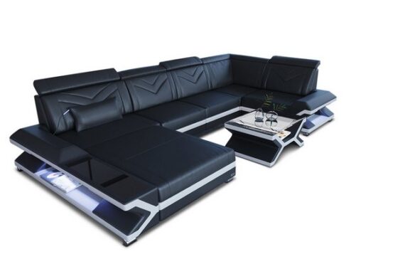 Sofa Dreams Wohnlandschaft Ledersofa Ledercouch Napoli U Form Leder Sofa, Couch, mit LED, wahlweise mit Bettfunktion als Schlafsofa, Designersofa